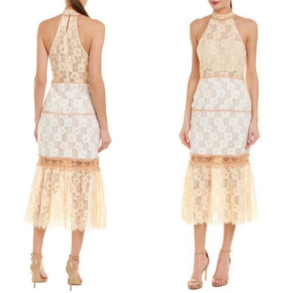 FOXIEDOX Amelia Halter Mock Neck Lace Midi Dress